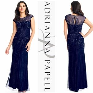 Adrianna Papell sheer cap sleeve tulle long gown